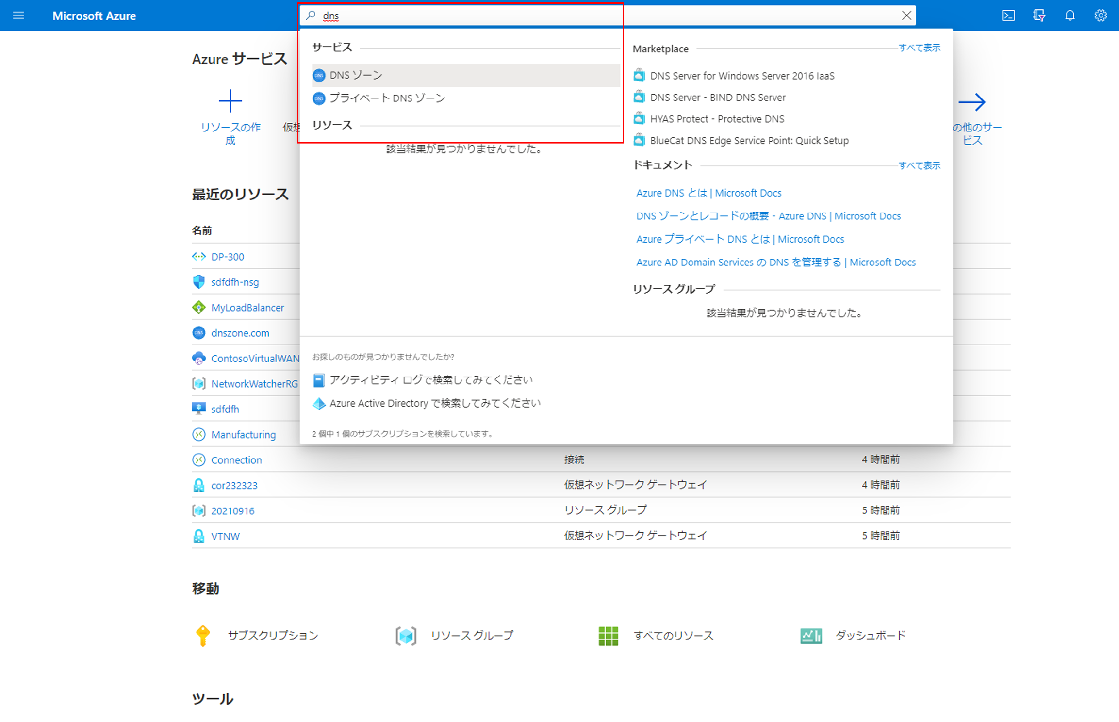 DNS 検索を使用した Azure portal ホーム ページ。