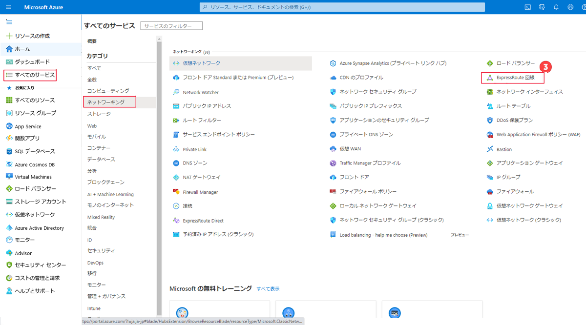 Azure portal - ExpressRoute リソースの作成メニュー