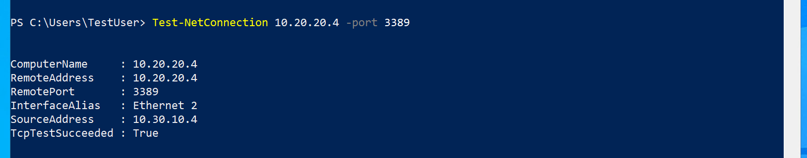 TCP テストが成功したことを示す Test-NetConnection 10.20.20.4 -port 3389 の PowerShell ウィンドウ: true